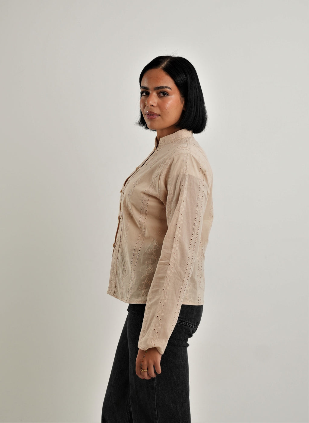 Embroidered Mandarin Shirt - Long Sleeve