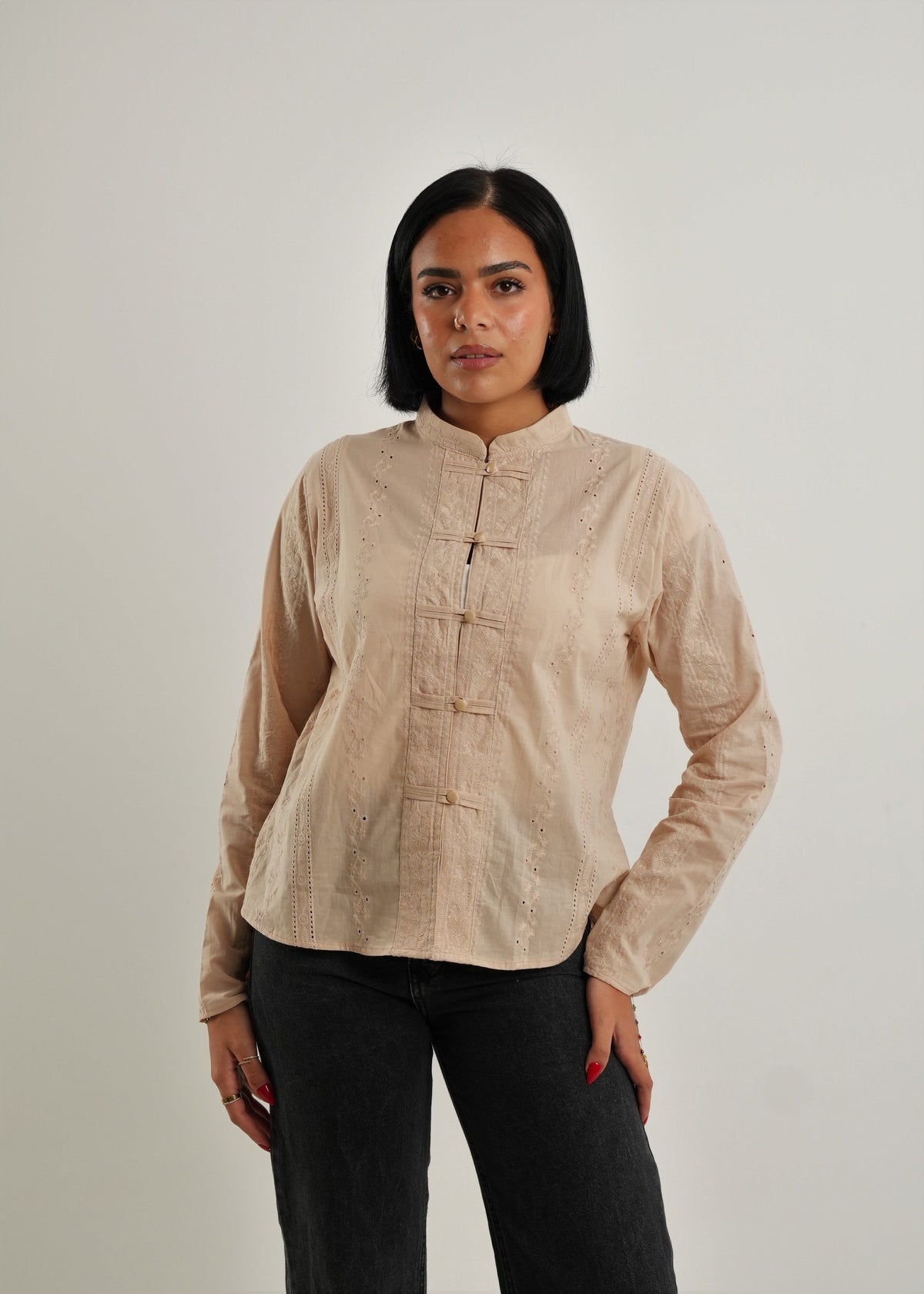 Embroidered Mandarin Shirt - Long Sleeve