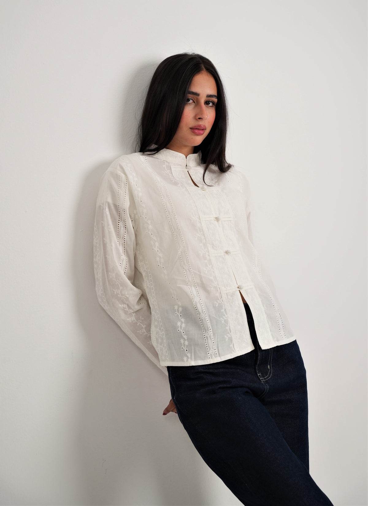 Embroidered Mandarin Shirt - Long Sleeve