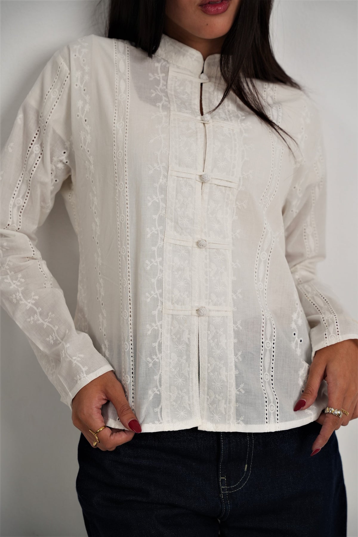 Embroidered Mandarin Shirt - Long Sleeve