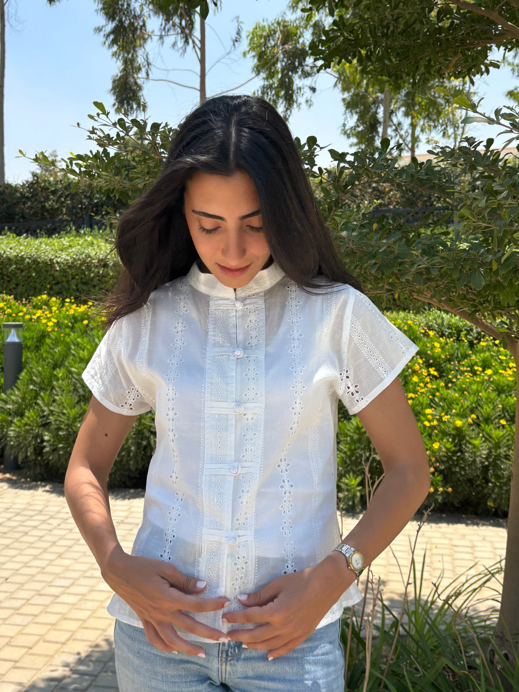 Embroidered Mandarin Shirt - Short Sleeve