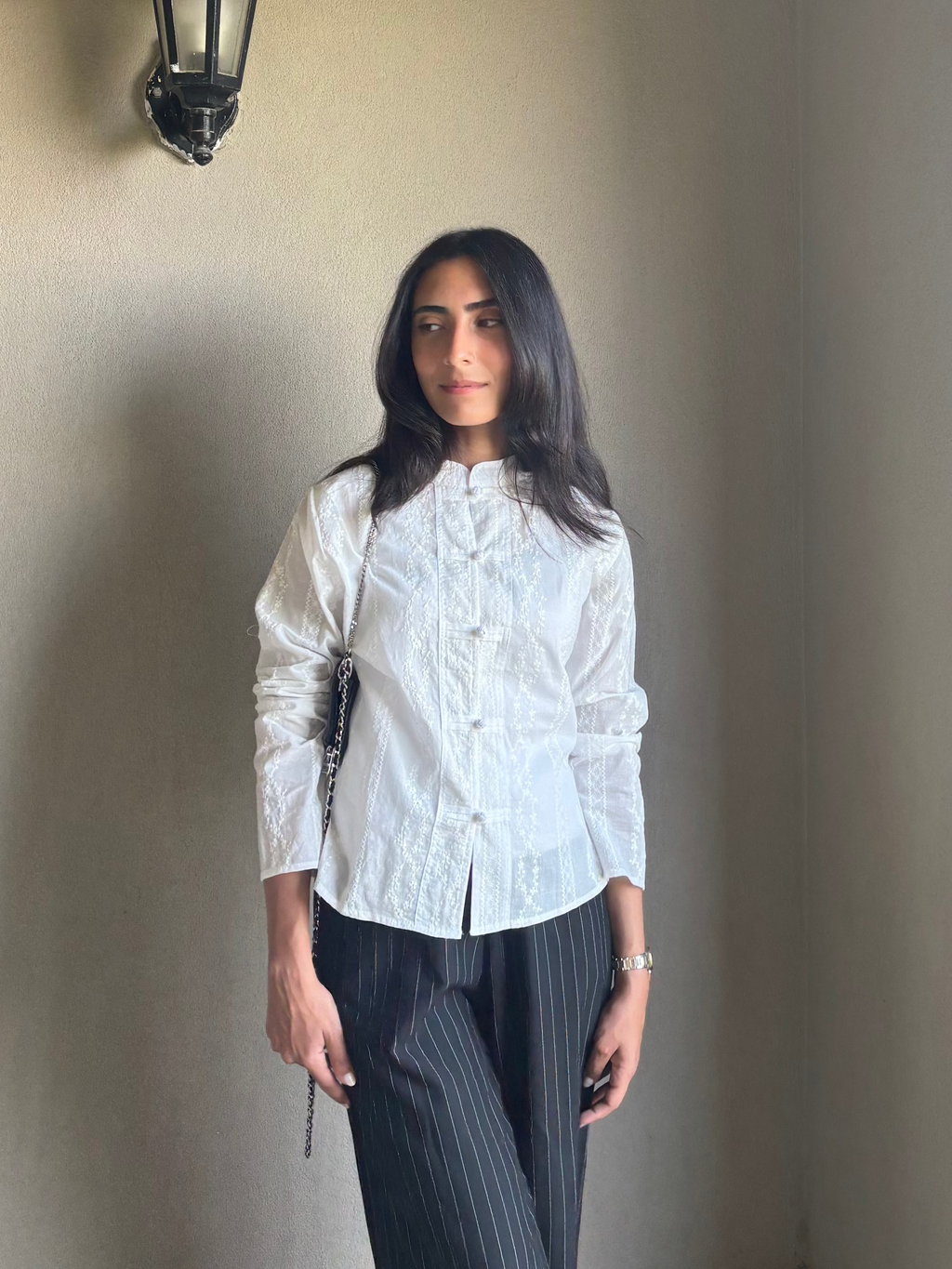 Embroidered Mandarin Shirt - Long Sleeve
