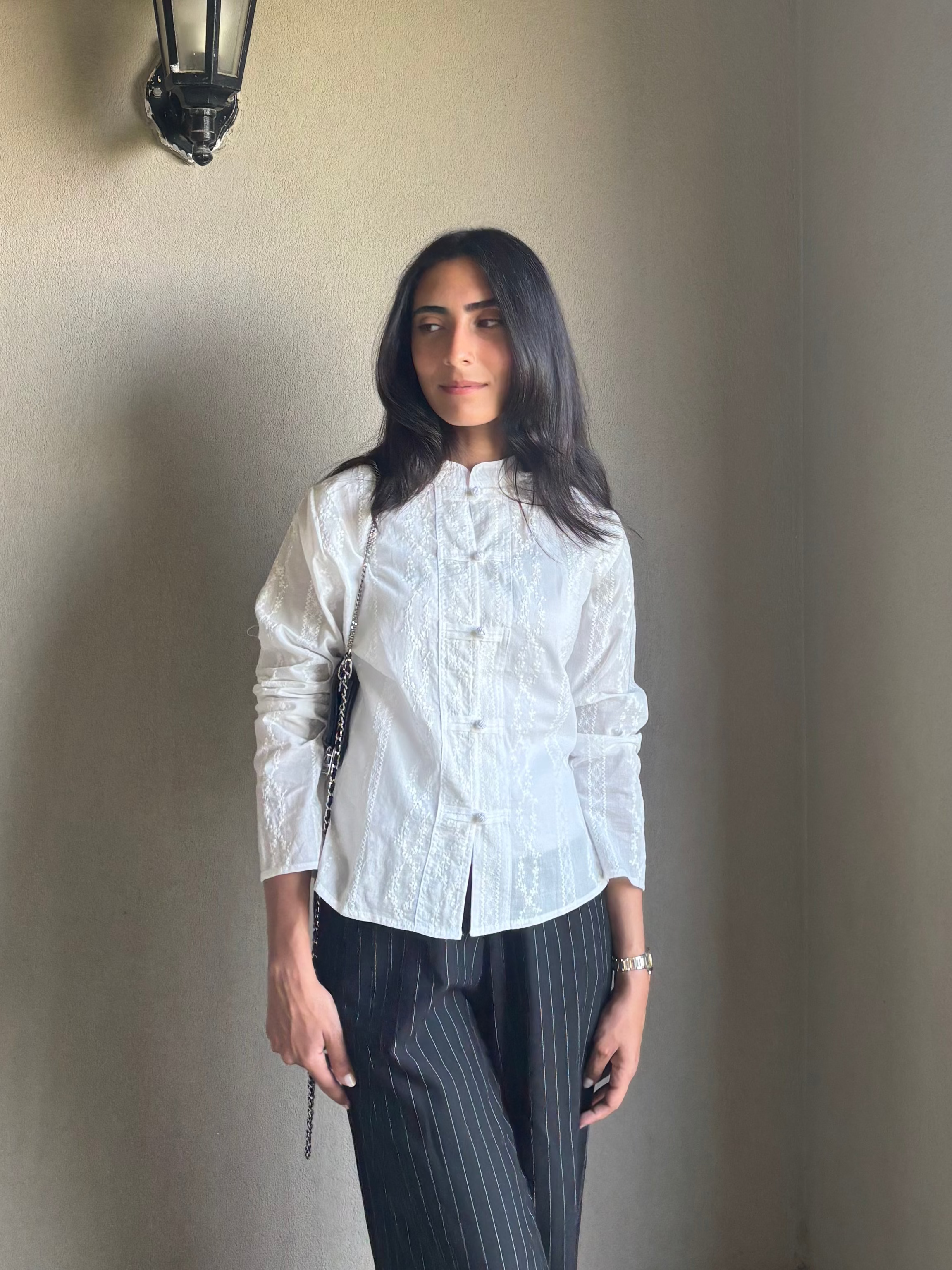 Embroidered Mandarin Shirt - Long Sleeve