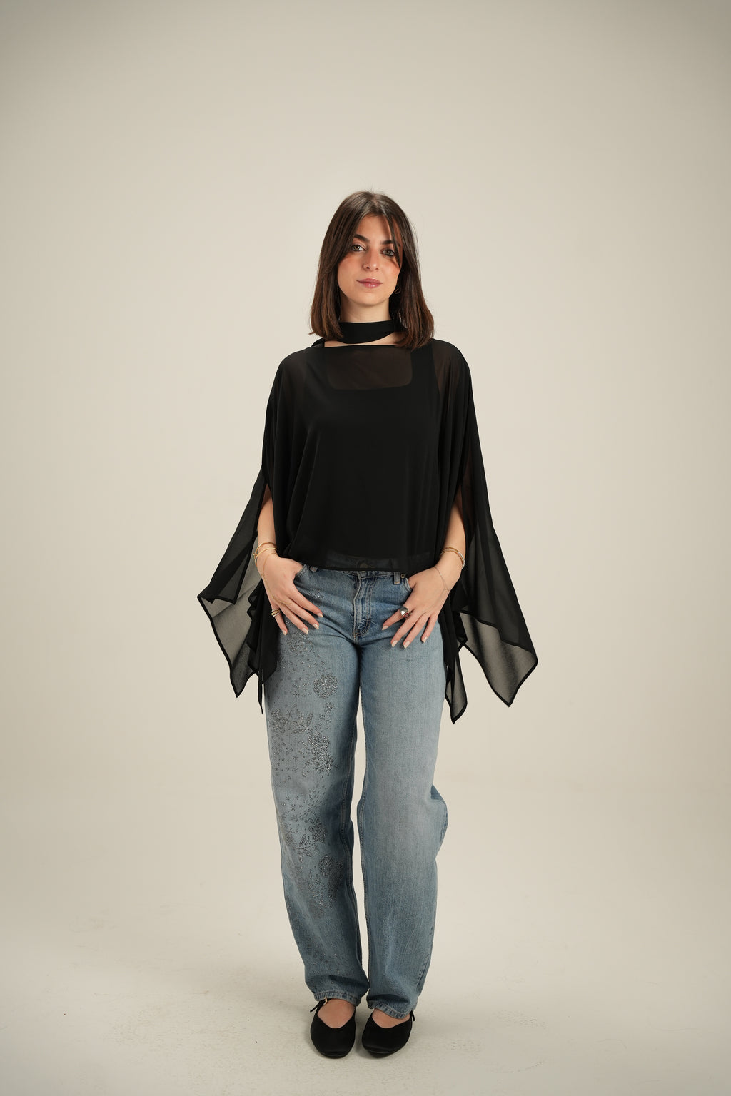 Luna Chiffon Poncho with Scarf Belt