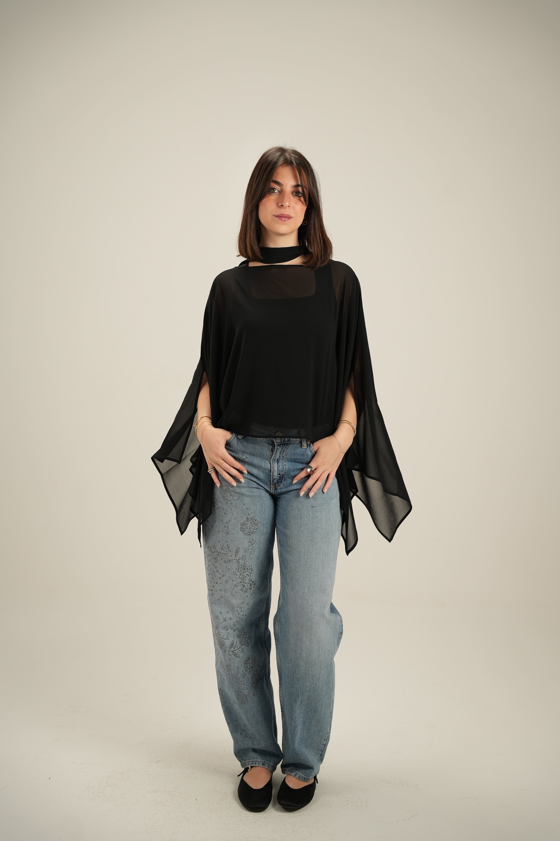 Luna Chiffon Poncho with Scarf Belt
