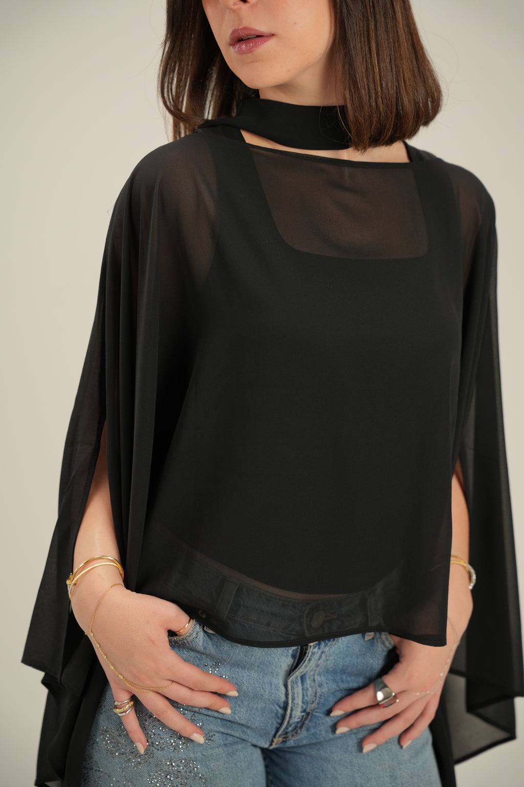 Luna Chiffon Poncho with Scarf Belt