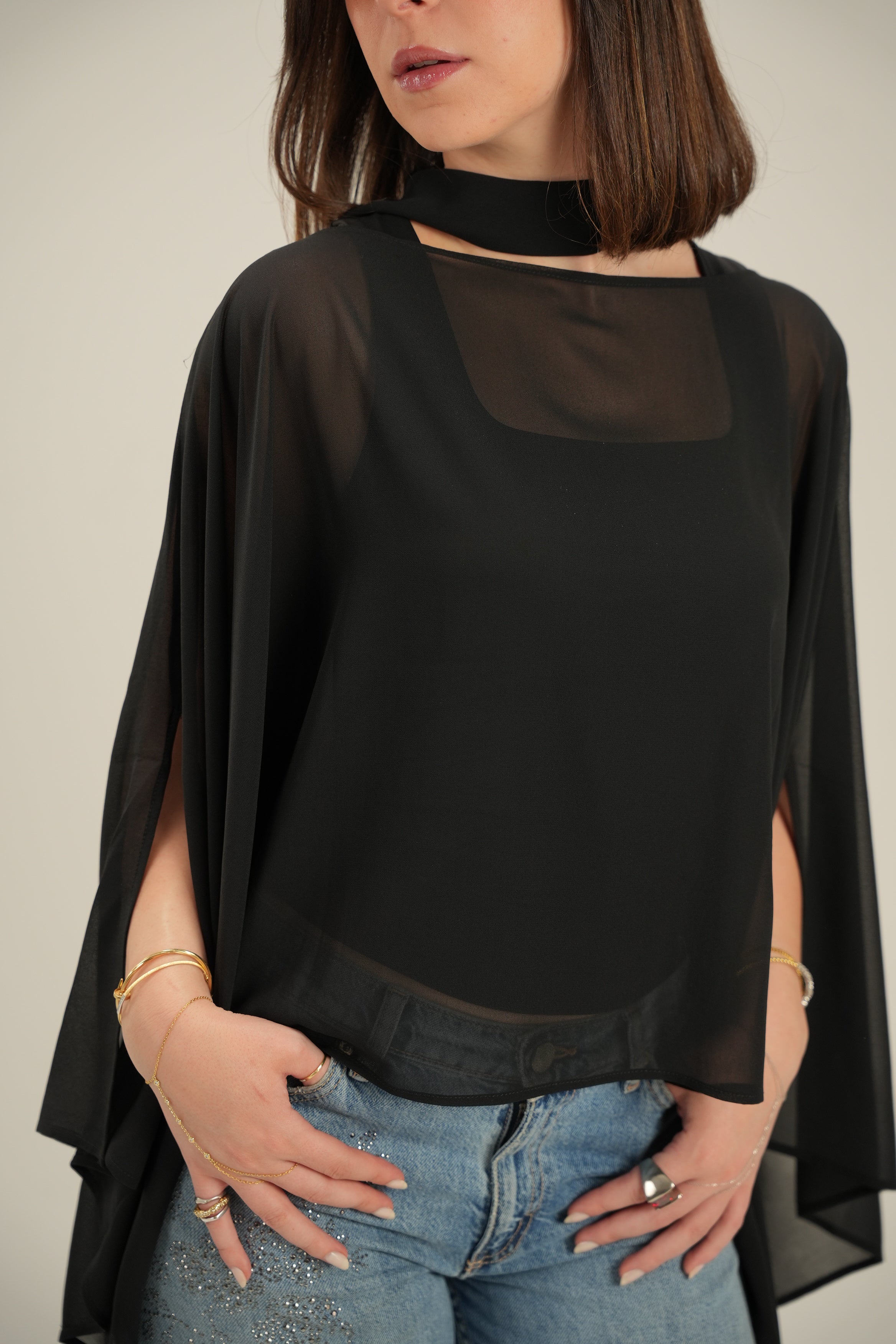 Luna Chiffon Poncho with Scarf Belt