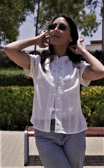Embroidered Mandarin Shirt - Short Sleeve