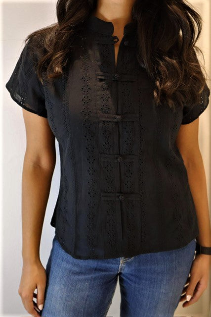 Embroidered Mandarin Shirt - Short Sleeve