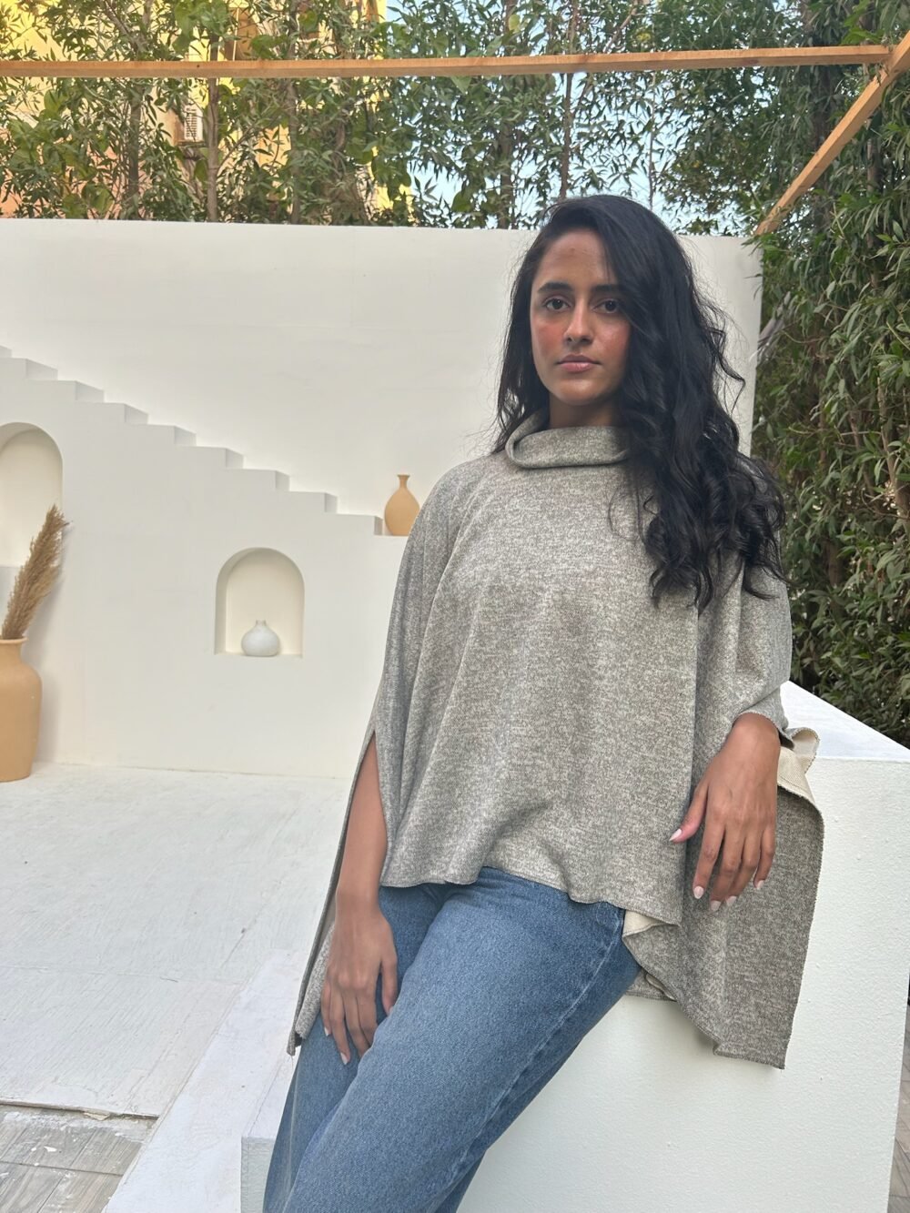 Wool High-Neck Poncho in Grey
