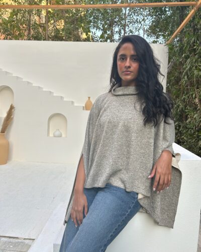 Wool High-Neck Poncho in Grey