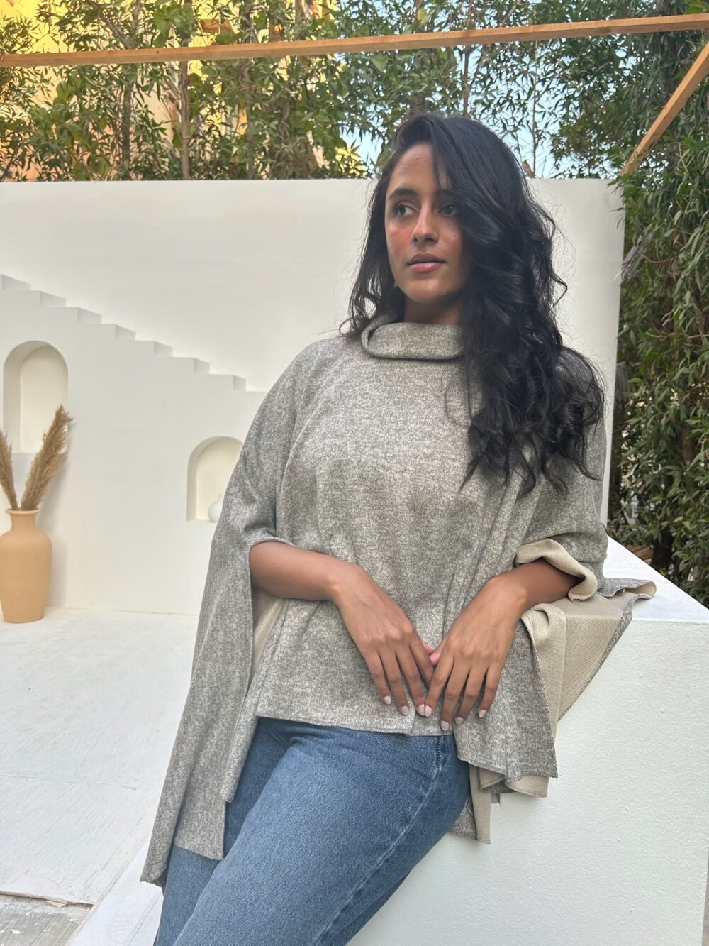 Wool High-Neck Poncho in Grey - Image 2