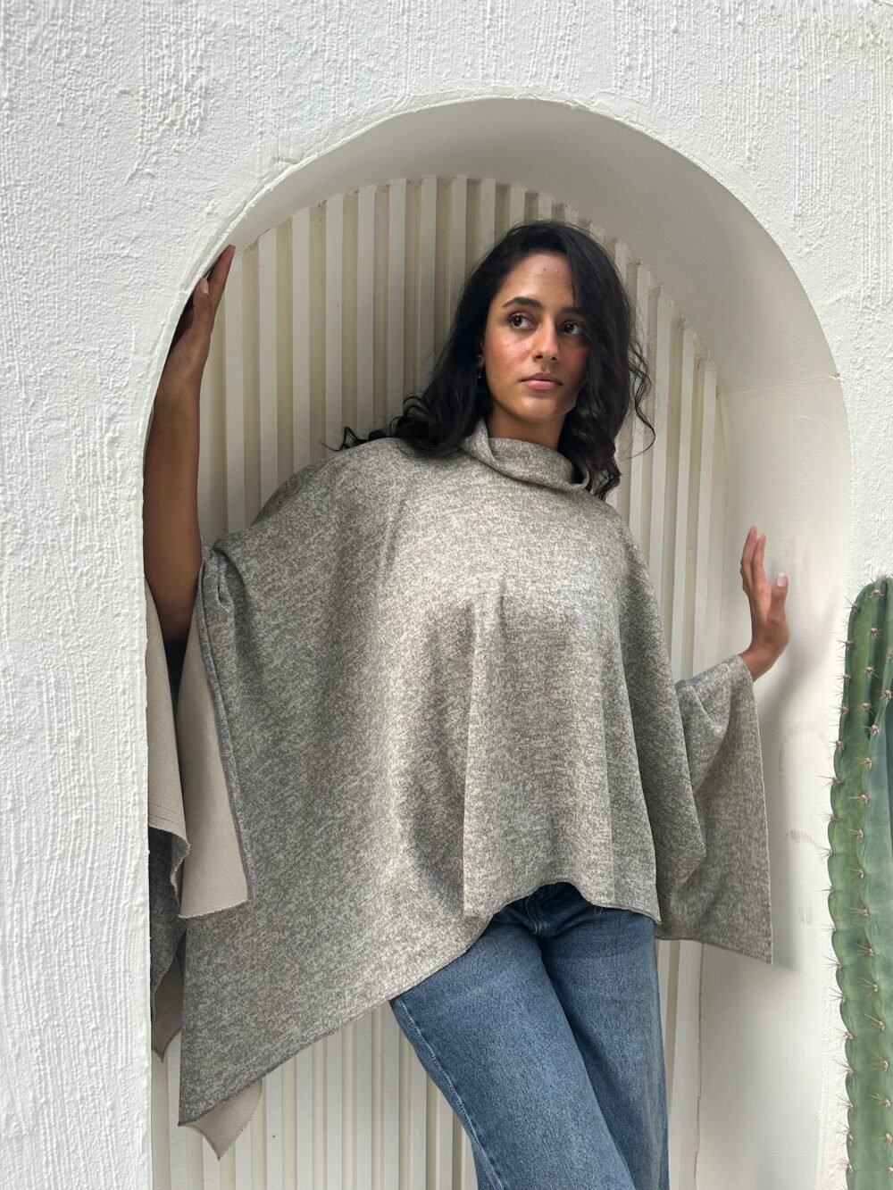 Wool High-Neck Poncho in Grey - Image 3