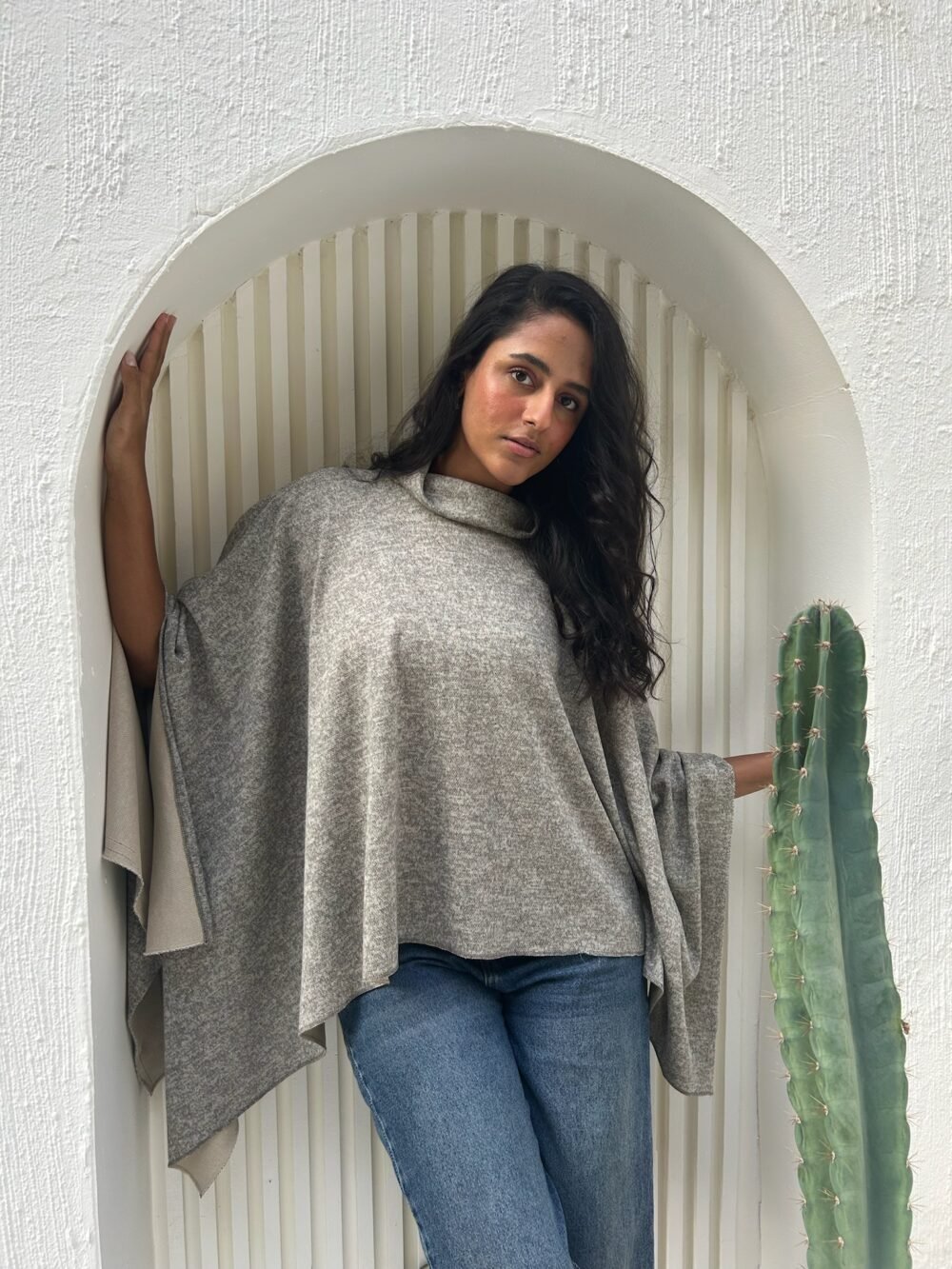 Wool High-Neck Poncho in Grey - Image 4
