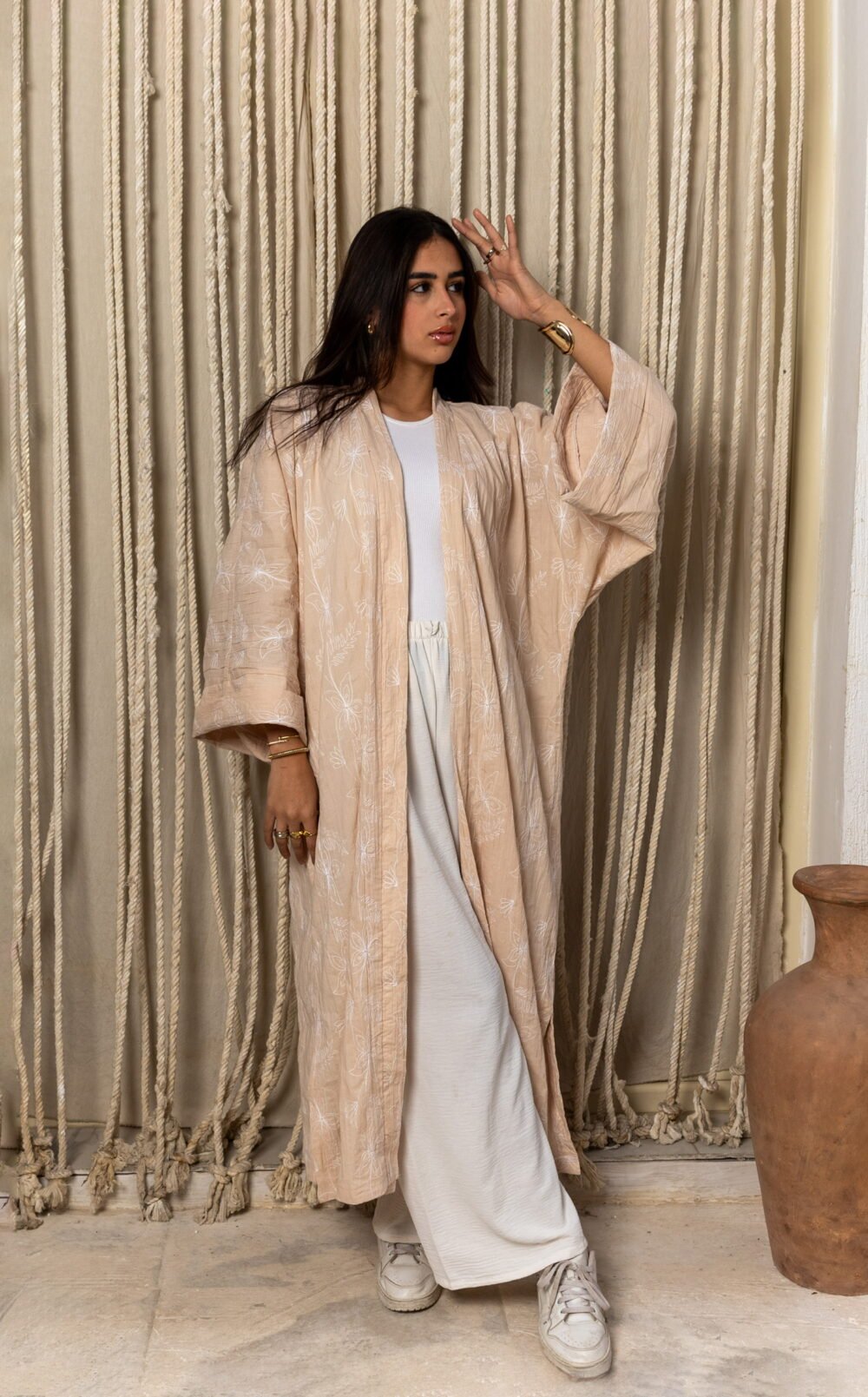 Peach Embroidered Kimono - Long