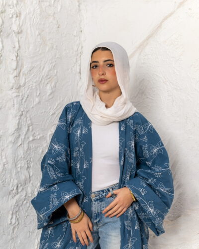 Turquoise Embroidered Long Cotton Kimono