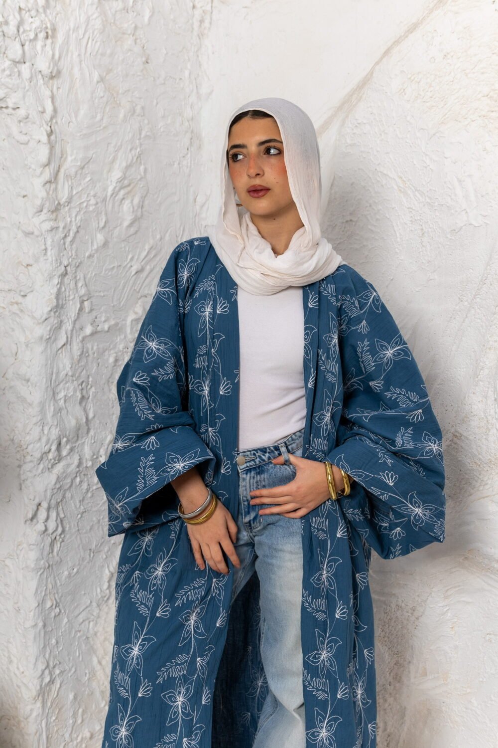 Turquoise Embroidered Long Cotton Kimono - Image 2