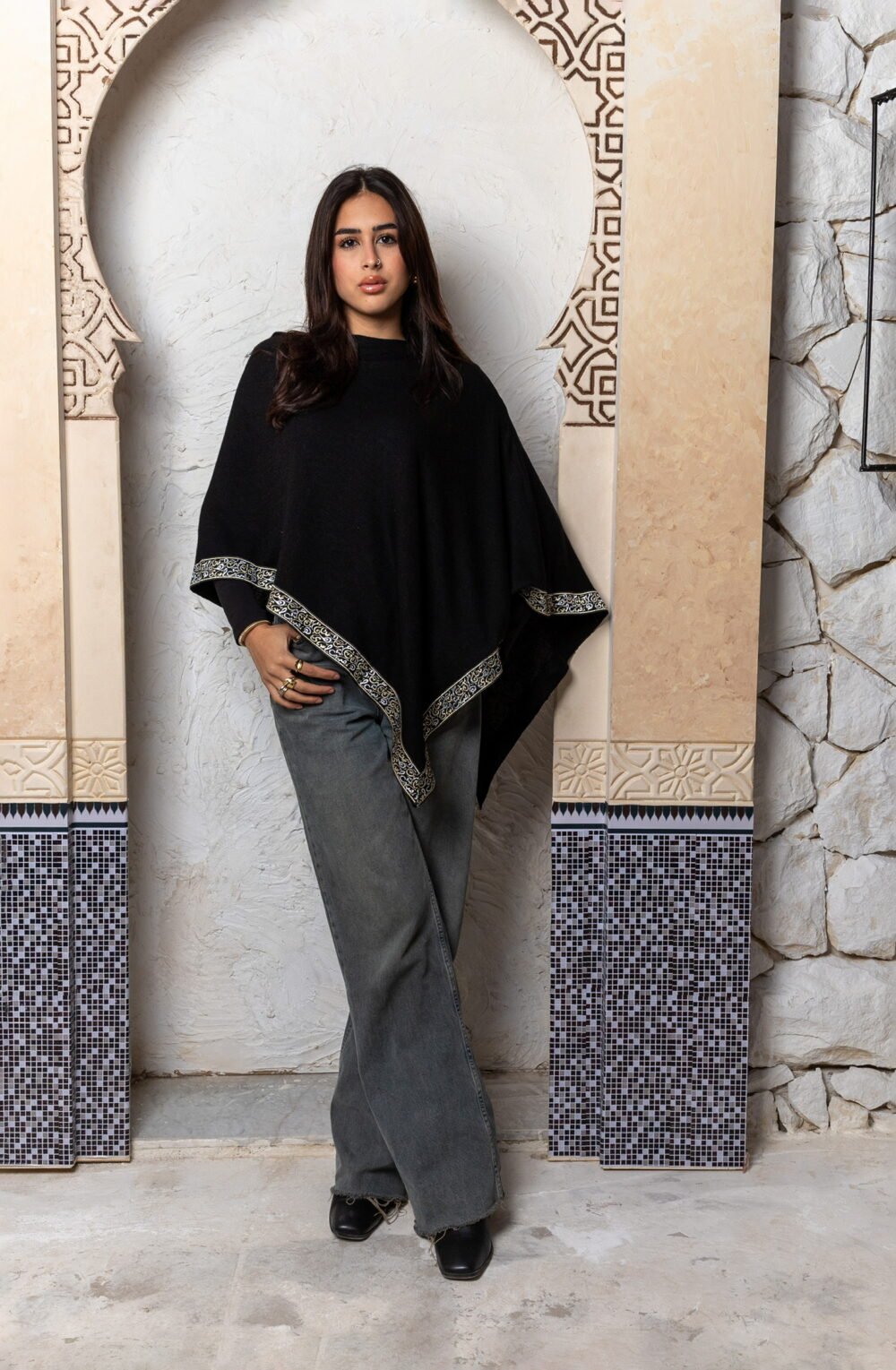 Moonlit Cape - Black Viscose with Arabic Calligraphy