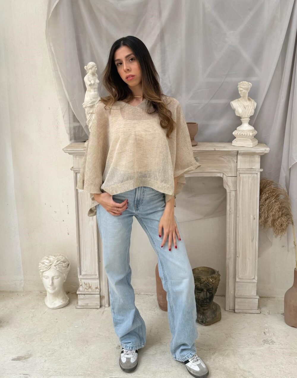V Linen Poncho/Blouse - Neutral See Through