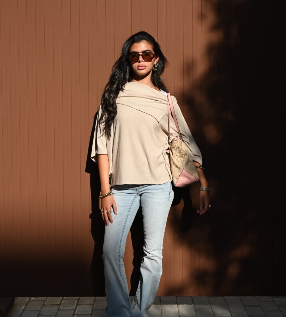 Cleo Poncho Top - Beige Midi Sleeve - Image 2