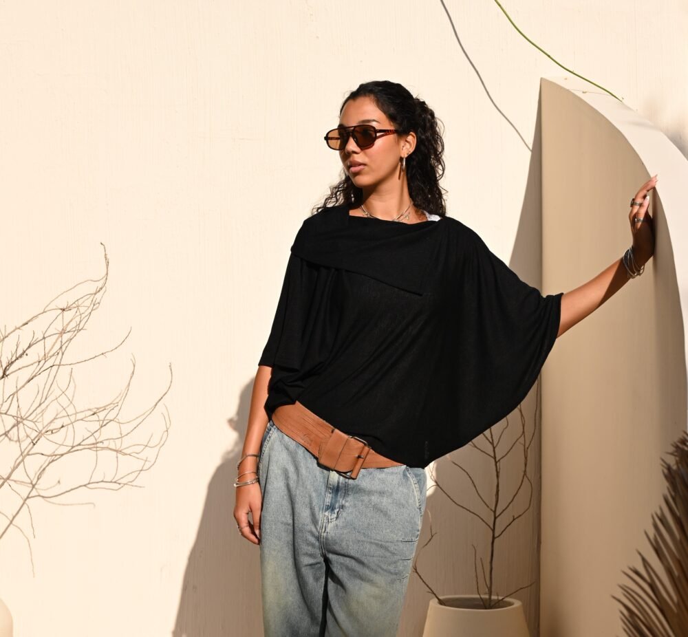Cleo Poncho Top - Black Midi Sleeve