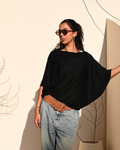 Cleo Poncho Top - Black Midi Sleeve